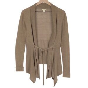 WHITE + WARREN 100% Linen Tie Front Draped Cardigan Sweater Women's S Tan Luxury